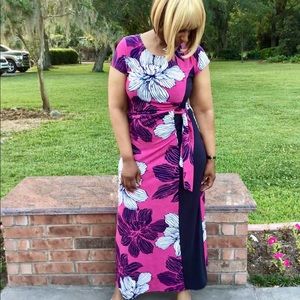 Floral Midi Causal Tie Waist Crew Neck Short Sleeve Spring Summer Basic Dress